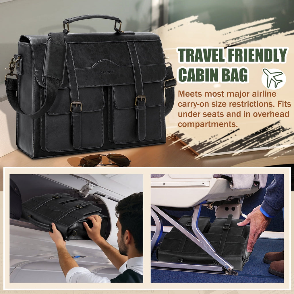 17 Inch Vintage Leather Laptop Magnetic Closure Large Satchel Computer Briefcase Shoulder ,Black - Image 2