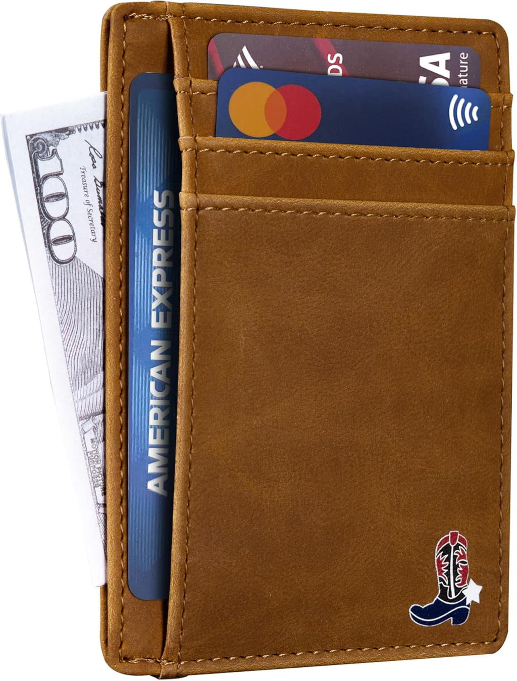 Gift for Texans and their lovers (Texas Western Boot on Cardholder) Slim Front Pocket Wallet, PU Leather, Khaki, Card... - Image 4