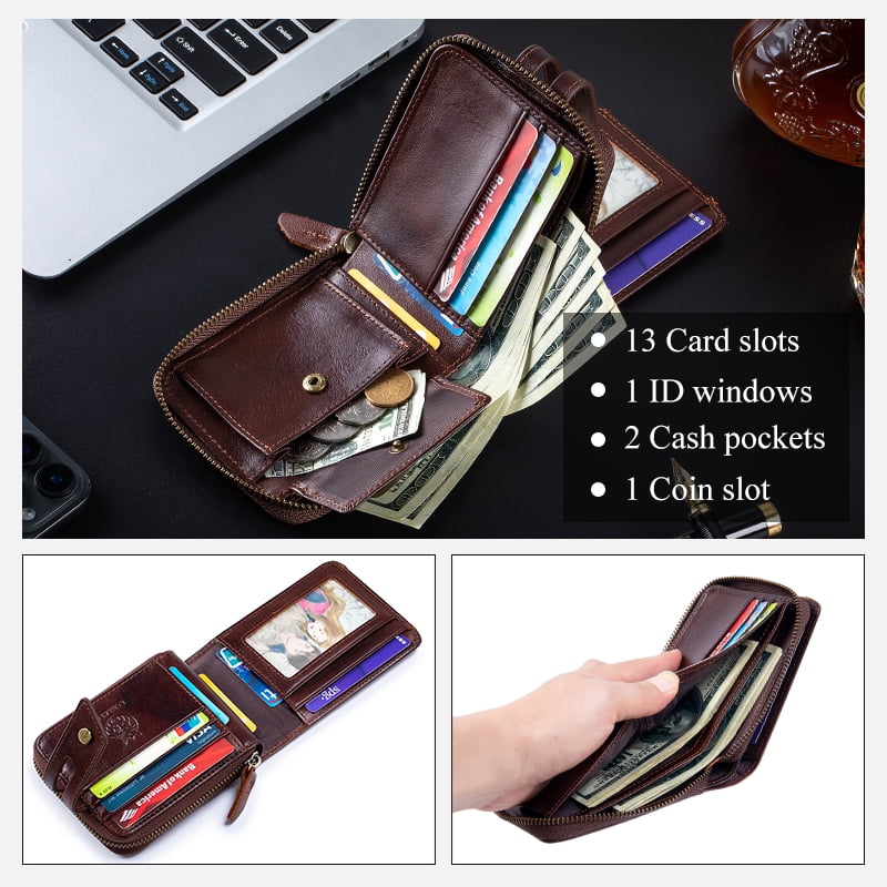 Genuine Leather Wallets for Men with Zipper RFID Blocking Large Capacity Retro Mens Wallet, Brown - Image 5