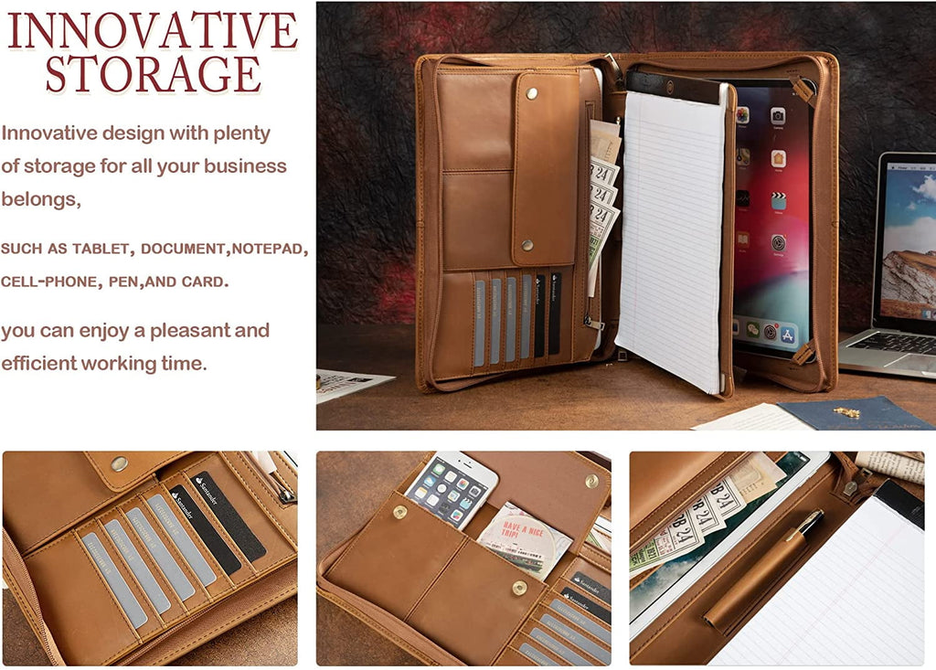 Genuine Leather Portfolio for iPad Pro 2.9 (2018&2020&2021),Crazy Horse Leather Folder with Notepad Holder,Zippered W... - Image 3