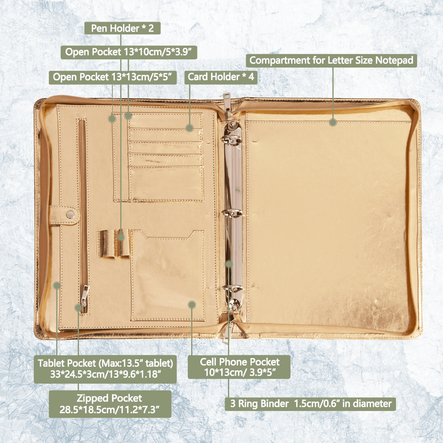Spotlight Golden Portfolio 3 Ring Binder, Vegan Leather Portfolio Binder with Zipper, Business Padfolio Organizer Notepad Holder,Folder with - Image 6