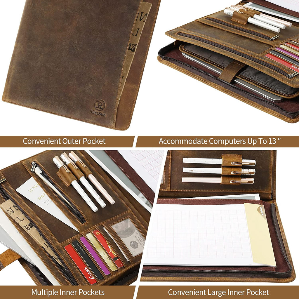 Full Grain Leather Portfolio Organizer with Zipper for Men Women, A4 Padfolio Business Resume Legal Notebook Binder  for  Documents Pens Car - Image 5