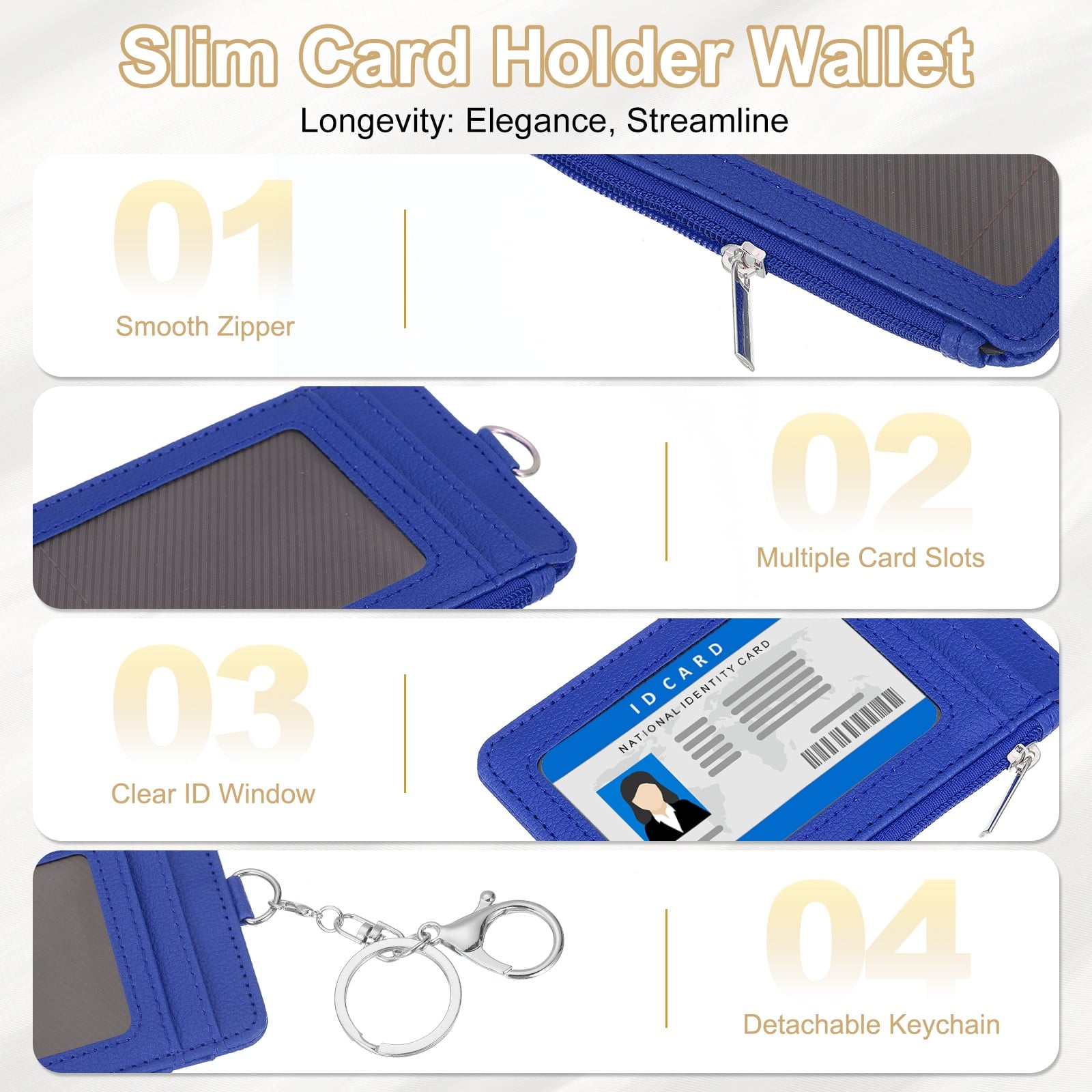 Slim PU Leather Card Holder Wallet with Keychain, Blue - Image 3