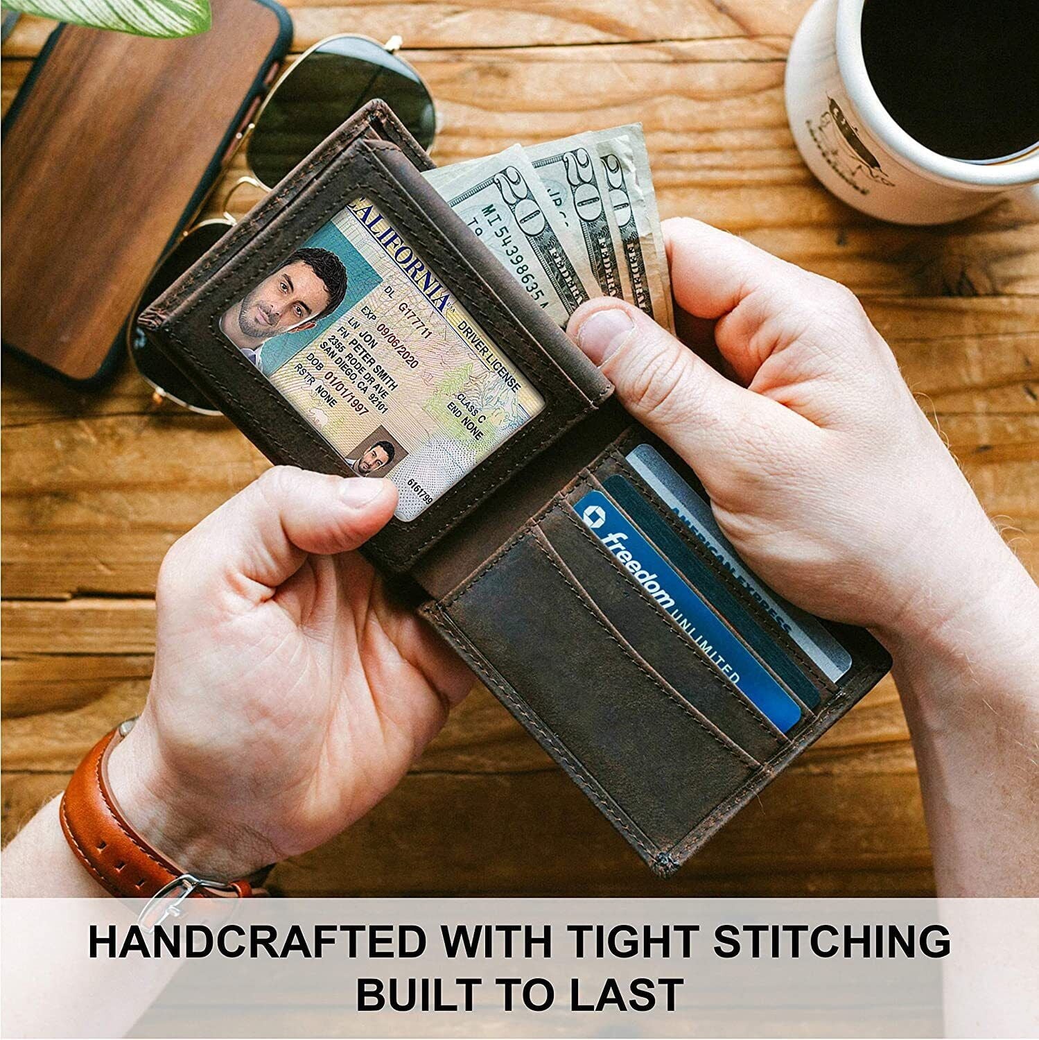 RFID Blocking Full Grain Crazy Horse Genuine Leather Men's Bifold Center Flap Wallet - Image 4