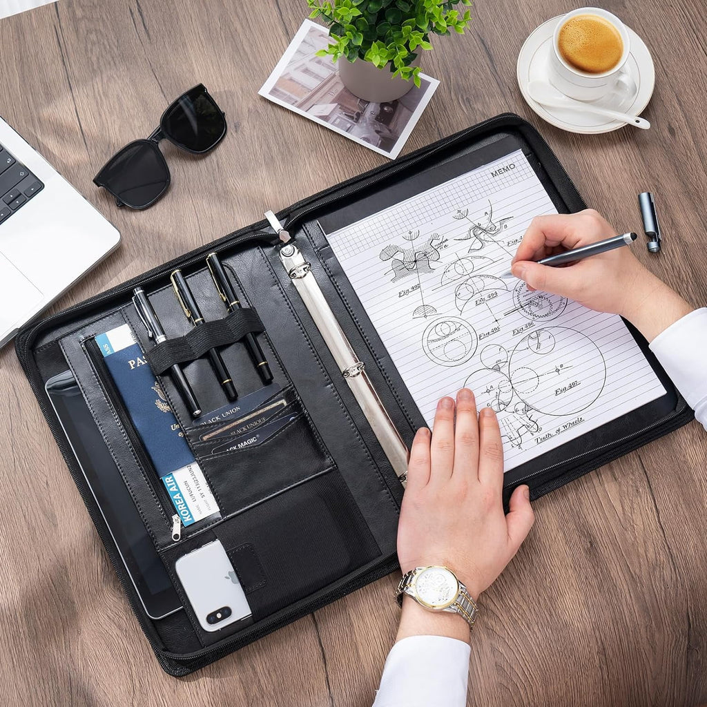Portfolio 3-Ring Padfolio Folder Organizer, PU Leather Business Planner A4 Notepad Zipper File Binder Clipboard Remov... - Image 6