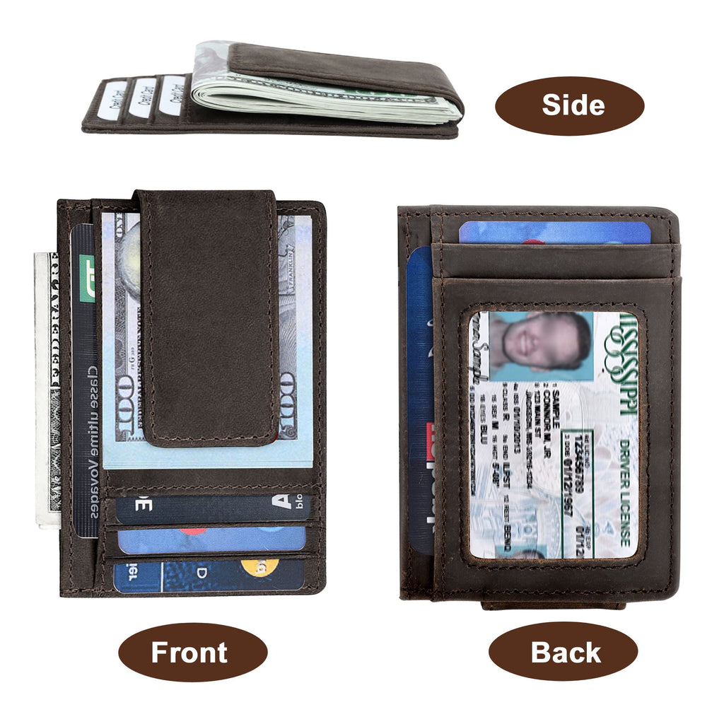 Men's Leather Money Clip, RFID Blocking Wallet, Slim and Magnetic Card Holder, Minimalist Card Case, Coffee - Image 3