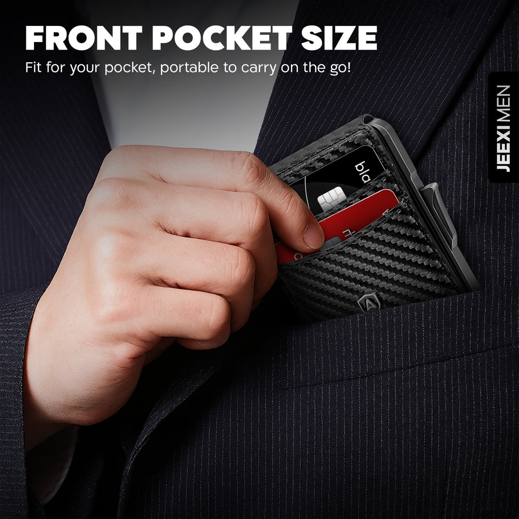 Carbon Fiber Slim Wallet for Men - RFID Blocking Minimalist Bifold with Money Clip & Card Ejector | Holds 12 Cards, Cash | Front Pocket Leat - Image 3