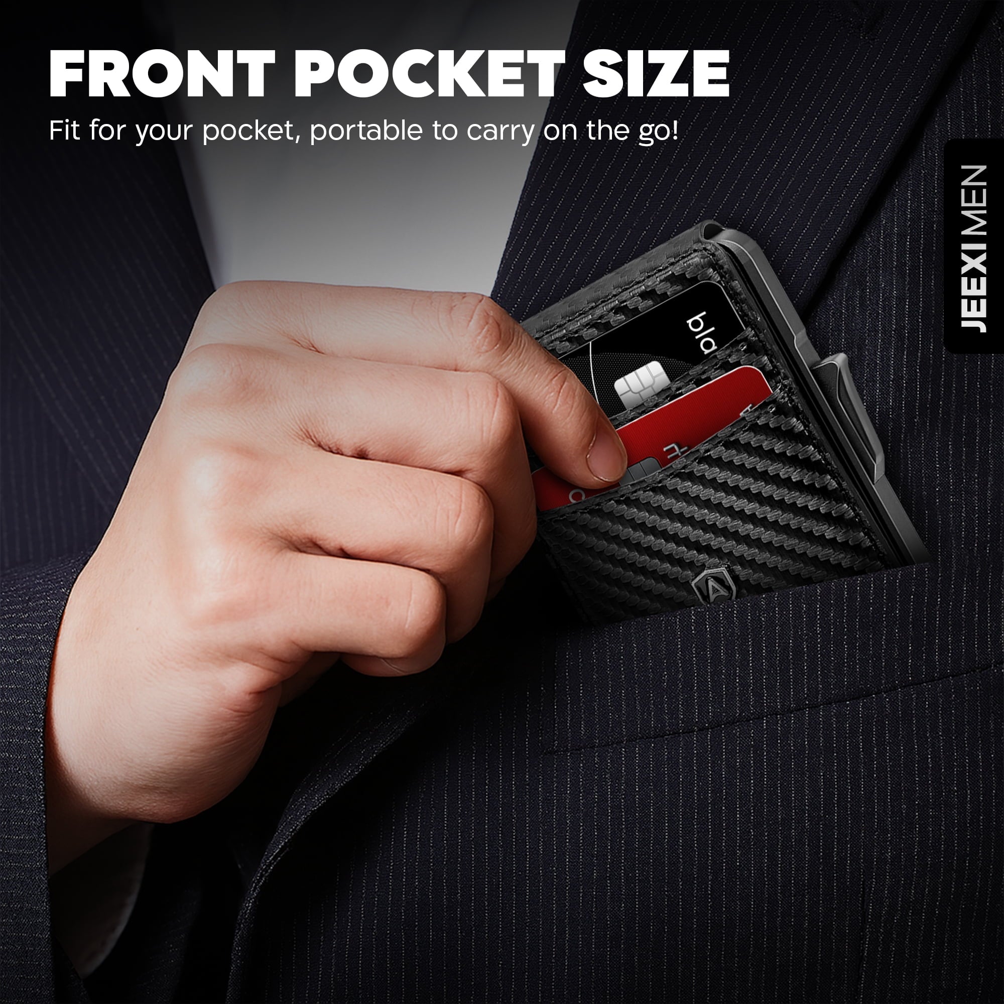 Carbon Fiber Slim Wallet for Men - RFID Blocking Minimalist Bifold with Money Clip & Card Ejector | Holds 12 Cards, Cash | Front Pocket Leat - Image 3