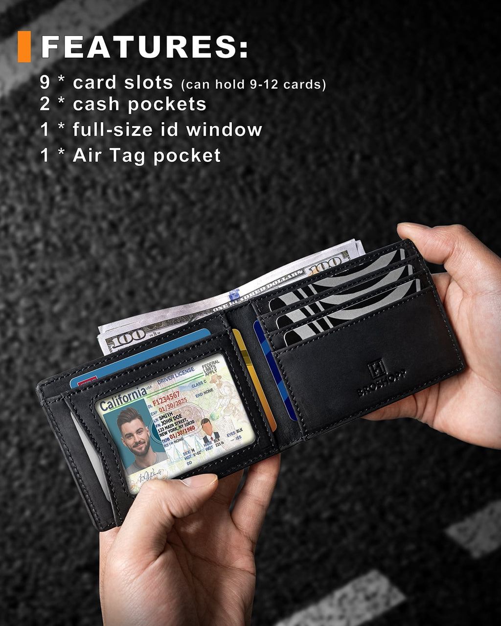Men’s Bifold Full-Grain Leather Wallet with AirTag Holder, RFID Blocking, 9 Card Slots, ID Window (Black) - Image 2