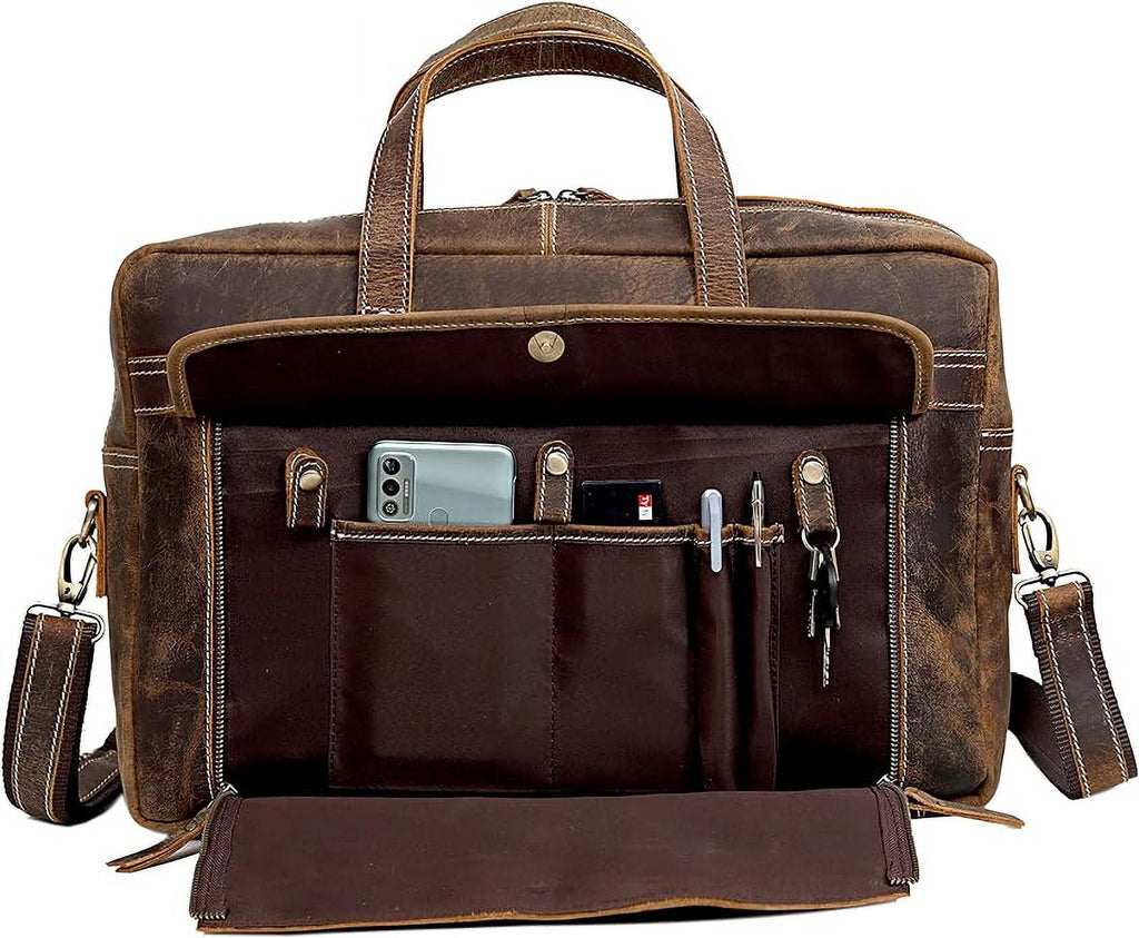 Full Grain Leather Briefcase For Men Business Travel Fits 17'' Laptop Messenger Bag Office Briefcase Crossbody Travel... - Image 2
