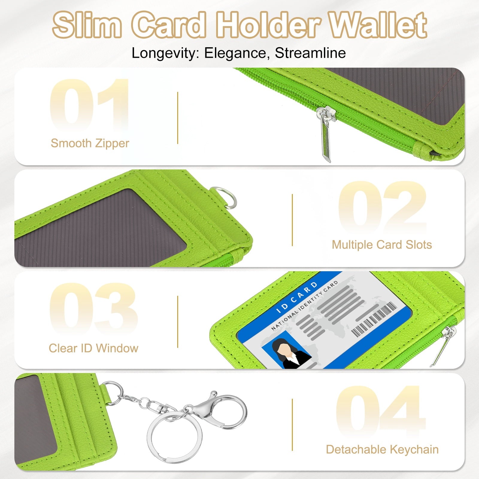Slim PU Leather Card Holder Wallet with Keychain, Green - Image 3