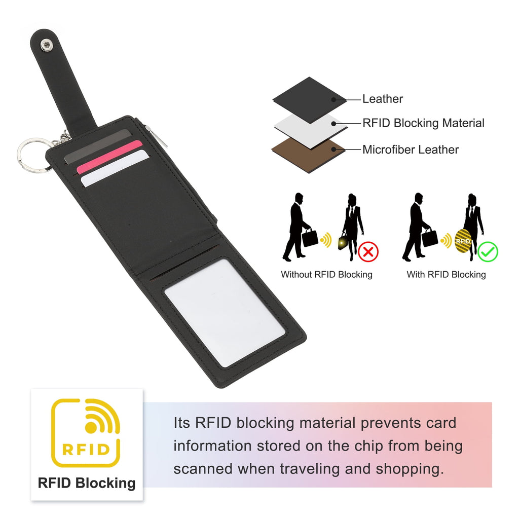 Card Holder Keychain Wallet, Leather RFID Blocking Credit Card Holder Slim Minimalist Wallet with Zipper Pocket for M... - Image 3
