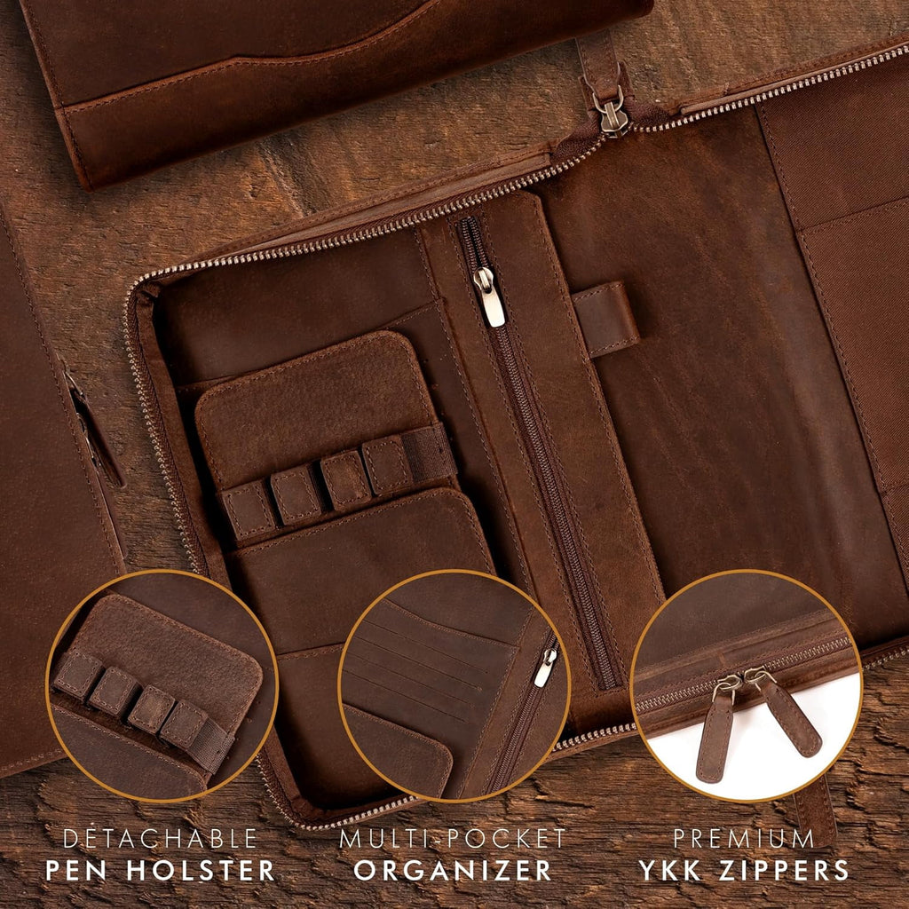 Premium Full Grain Leather A5 Portfolio Padfolio with Detachable Pen Holder and Notebook Cover for Business Men and Women - Image 4