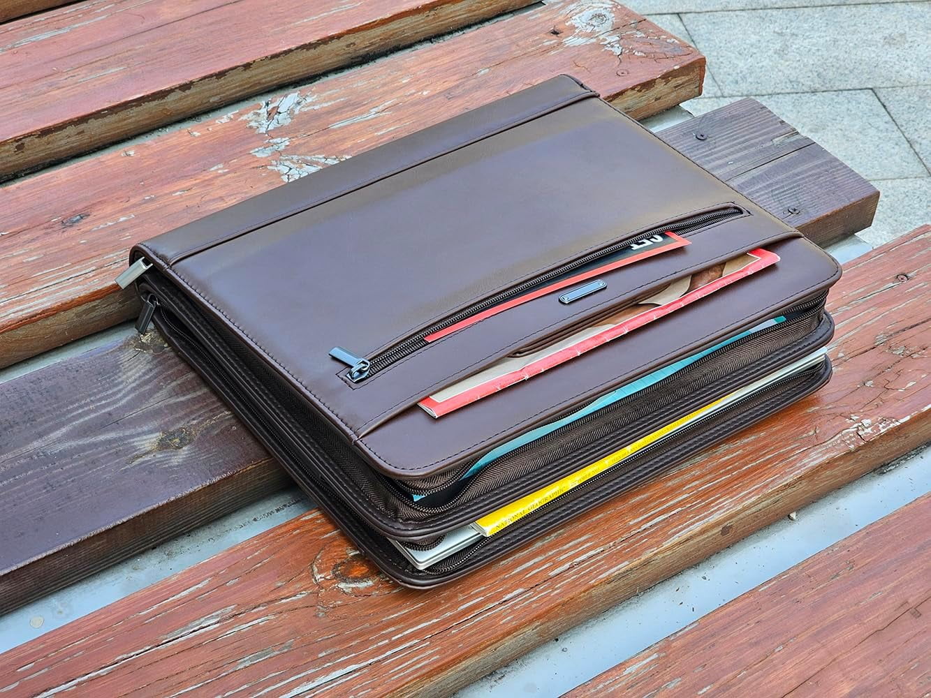 14" Laptop Briefcase, Vegan Leather Portfolio with Zipper Compartments x 2, A4 Papers Holder Padfolio Organizer - Image 3