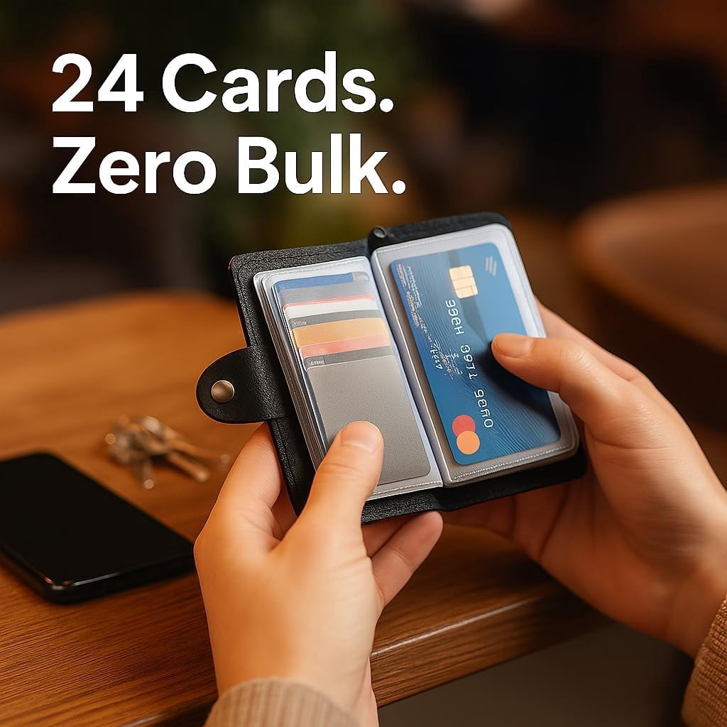 24 Slot Basic Card Holder for Men or Women | Black PU Leather Card Wallet | Slim Light Credit Card Wallet | Minimalis... - Image 2