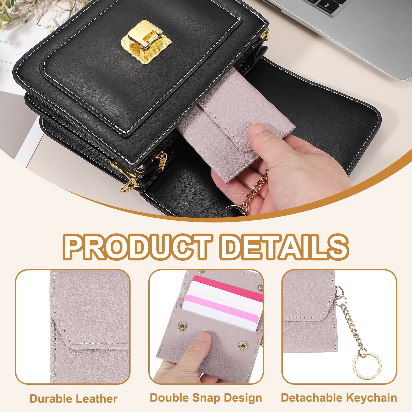 Leather Credit Card Holder, Slim Pocket Wallet for Women for Men with Detachable Keychain, Multi-Functional Dual-snap... - Image 3
