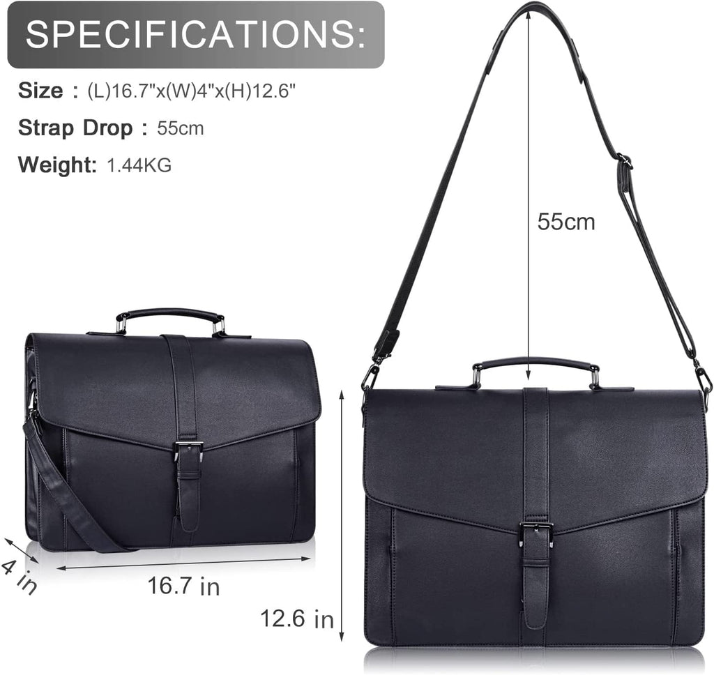 Durable Vegan Leather Laptop Briefcase for Men - Business Travel Bag with Padded Compartment for 15.6 Inch Laptop, Black - Image 2
