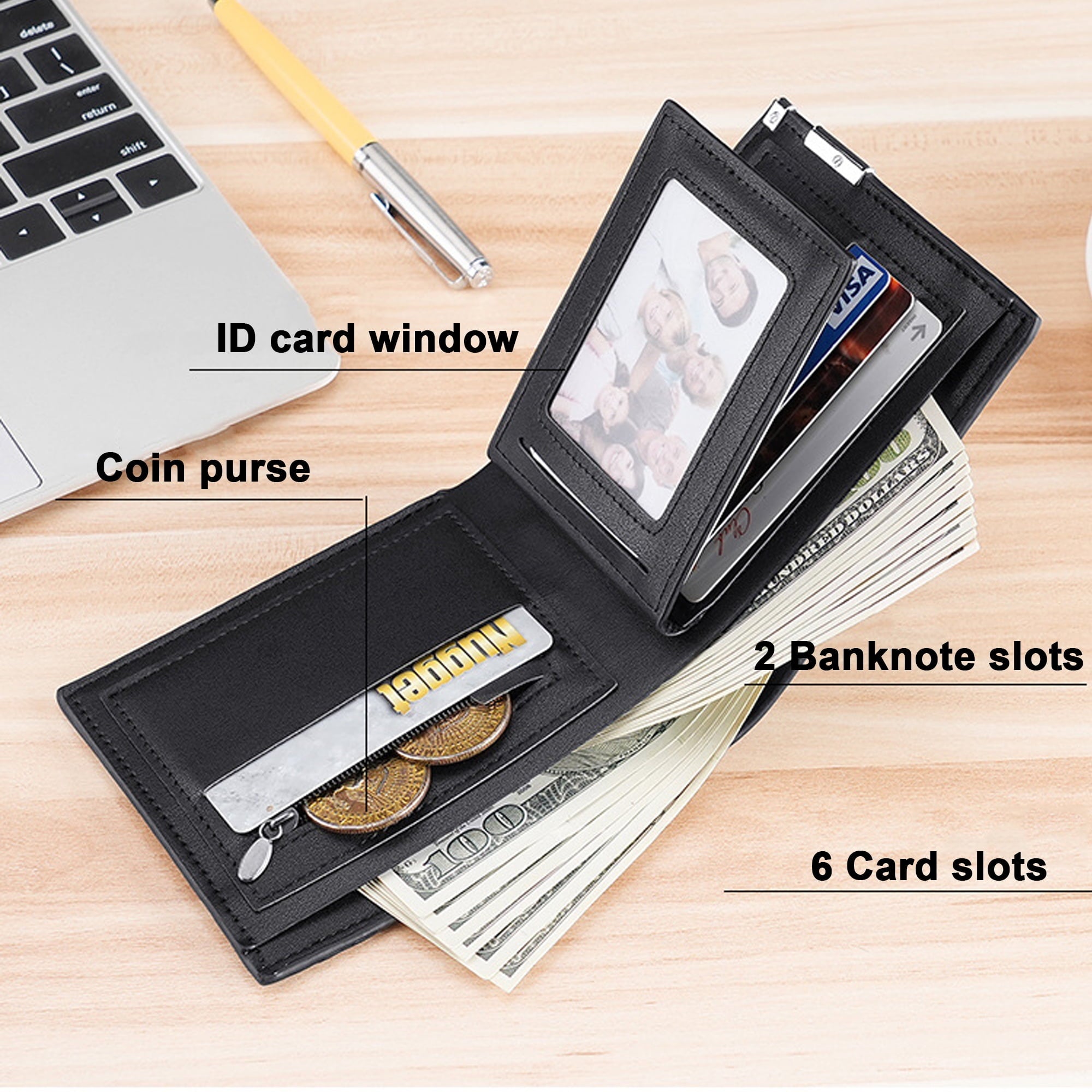 Mens Wallet Genuine Leather Slim Bifold Wallets For Men Simple RFID Front Pocket One Zippered Coin Pocket with 1 ID WindowBlack - Image 3
