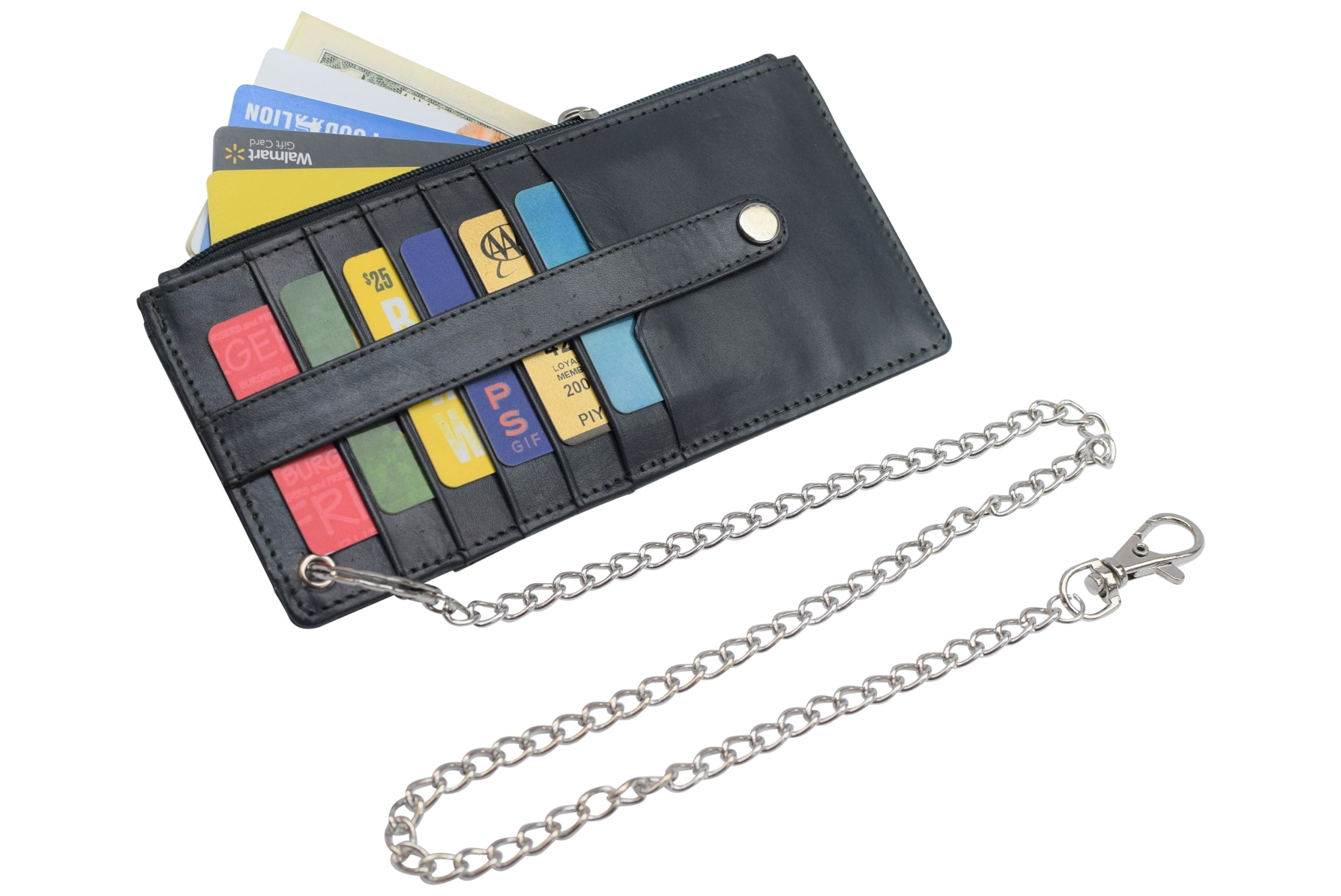 Women's Card Case Holder Slim Wallet with Chain & Card Protection Strap Genuine Leather - Image 6