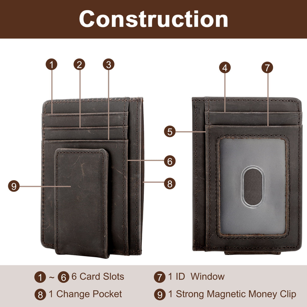 Men's Leather Money Clip, RFID Blocking Wallet, Slim and Magnetic Card Holder, Minimalist Card Case, Coffee - Image 4