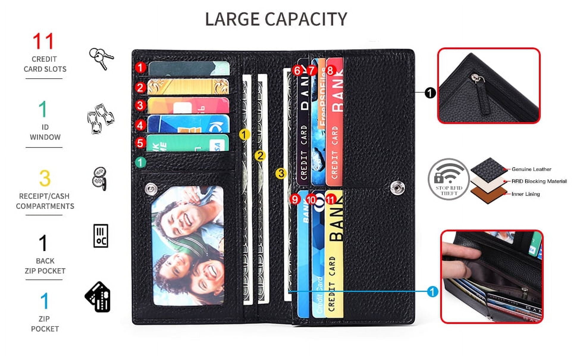 Wallets for Women RFID Blocking Ultra Slim Real Leather Credit Card Holder Clutch - Image 3