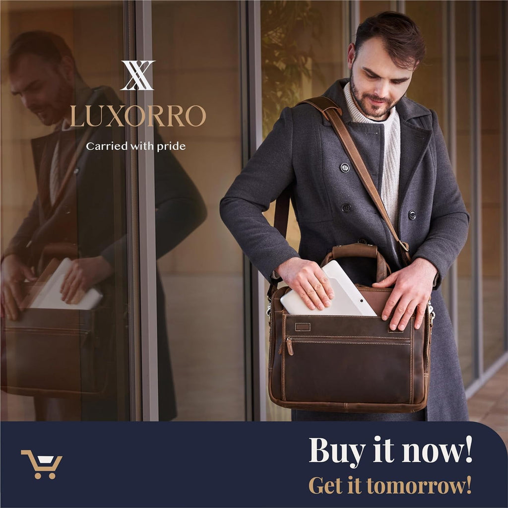 Briefcase for Men, Handcrafted, Fits 15.6" Laptop - Dark Brown - Image 5