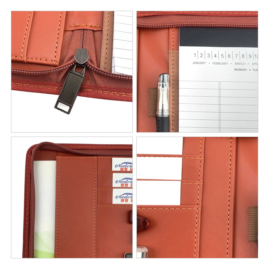 Brown Zippered Padfolio Tomshoo A4 PU Leather Portfolio Organizer with Calculator and Tablet Sleeve Holder - Image 4