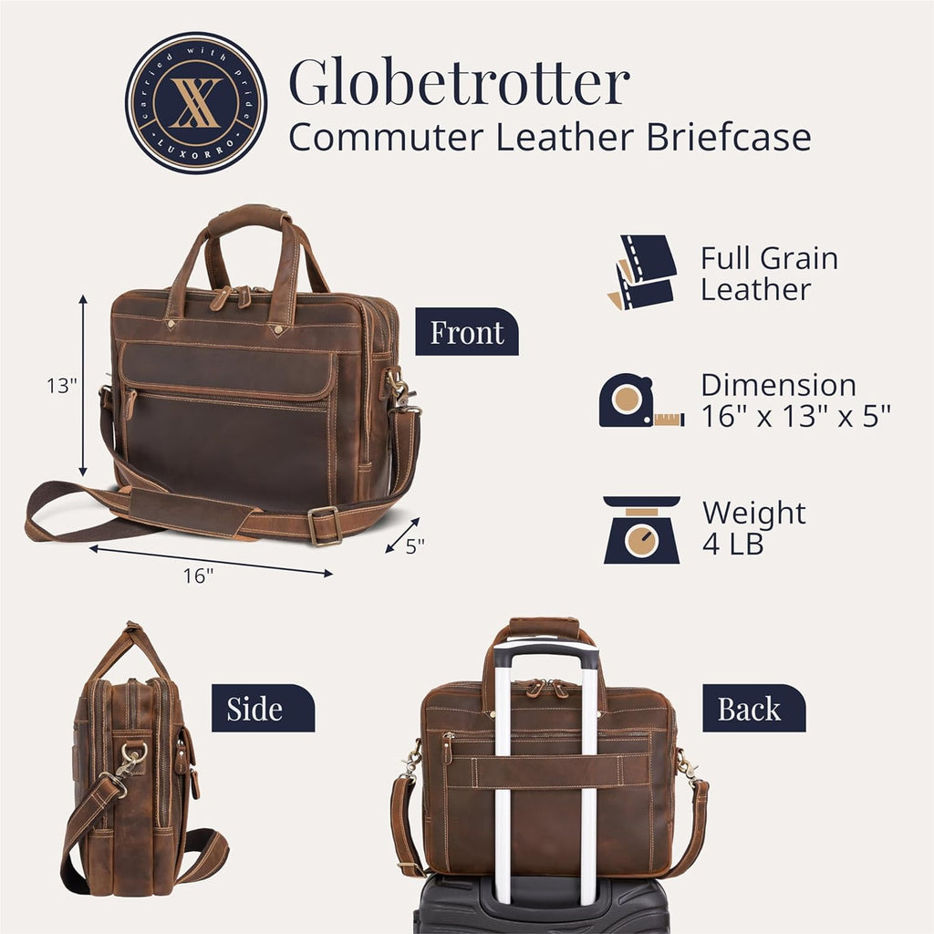 Briefcase for Men, Handcrafted, Fits 15.6" Laptop - Dark Brown - Image 2