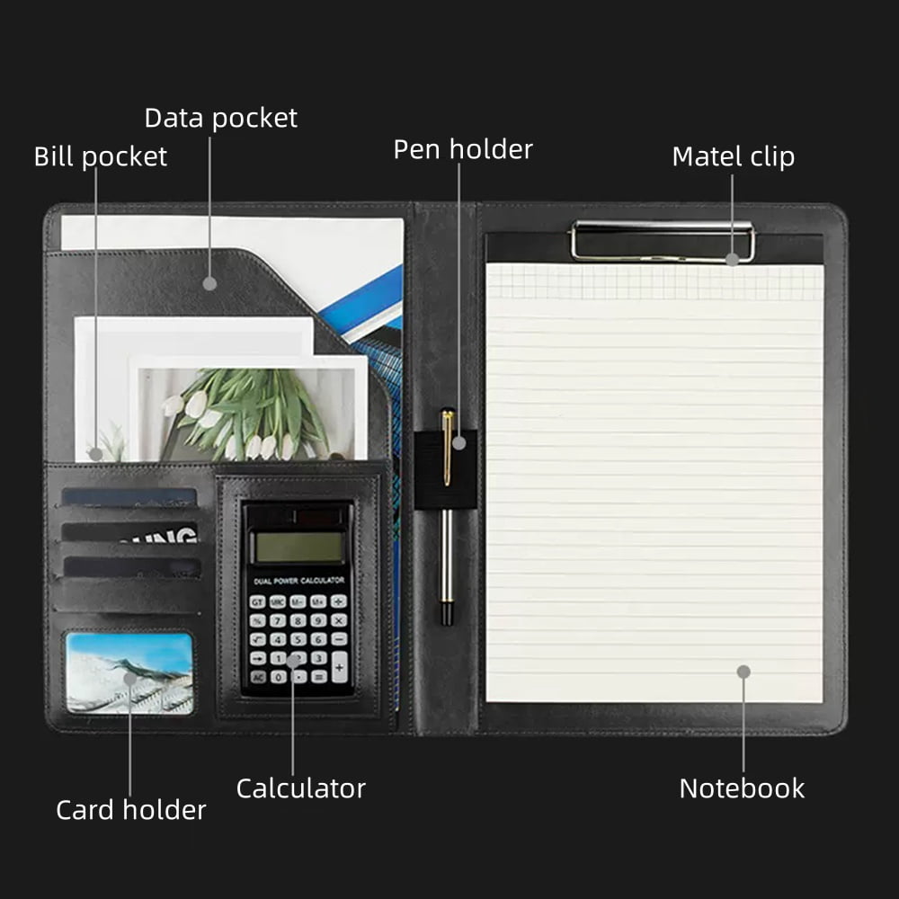 Padfolio Portfolio Organizer Folder with Calculator for Office, Gift, Pu Leather Black - Image 4