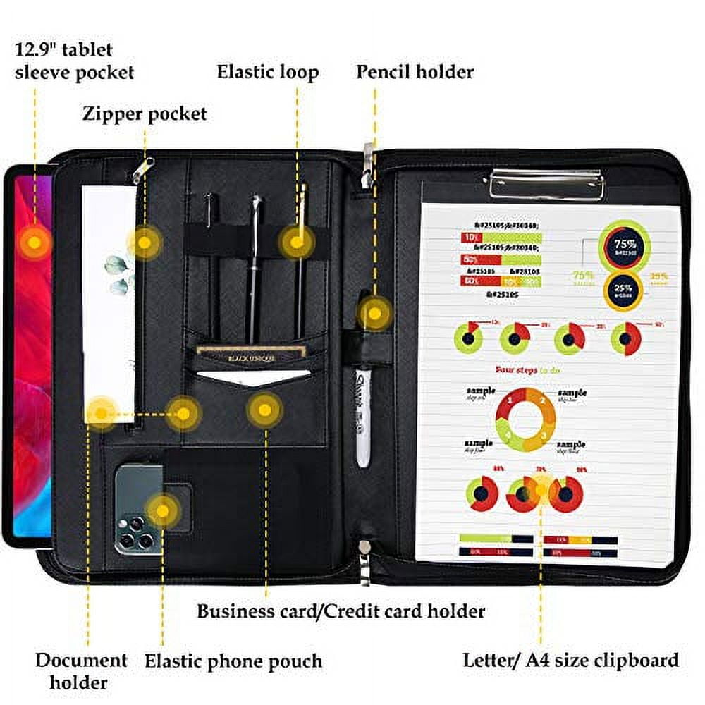 Portfolio Binder, Leather Padfolio File Folder Zipper Notepad Business Legal Document Holder with Tablet Sleeve, Phon... - Image 4