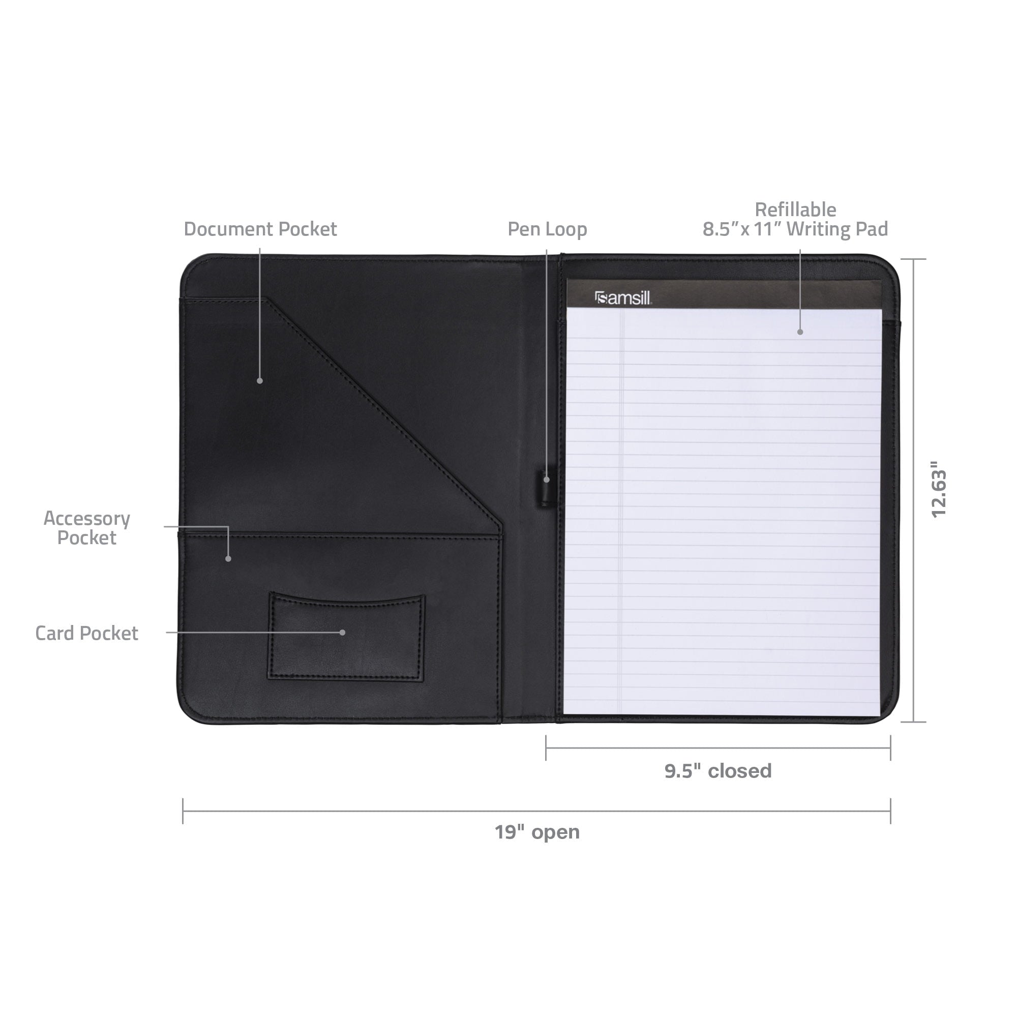 Contrast Stitch Leather Padfolio, 8.5"x11" Writing Pad Included, Black - Image 2