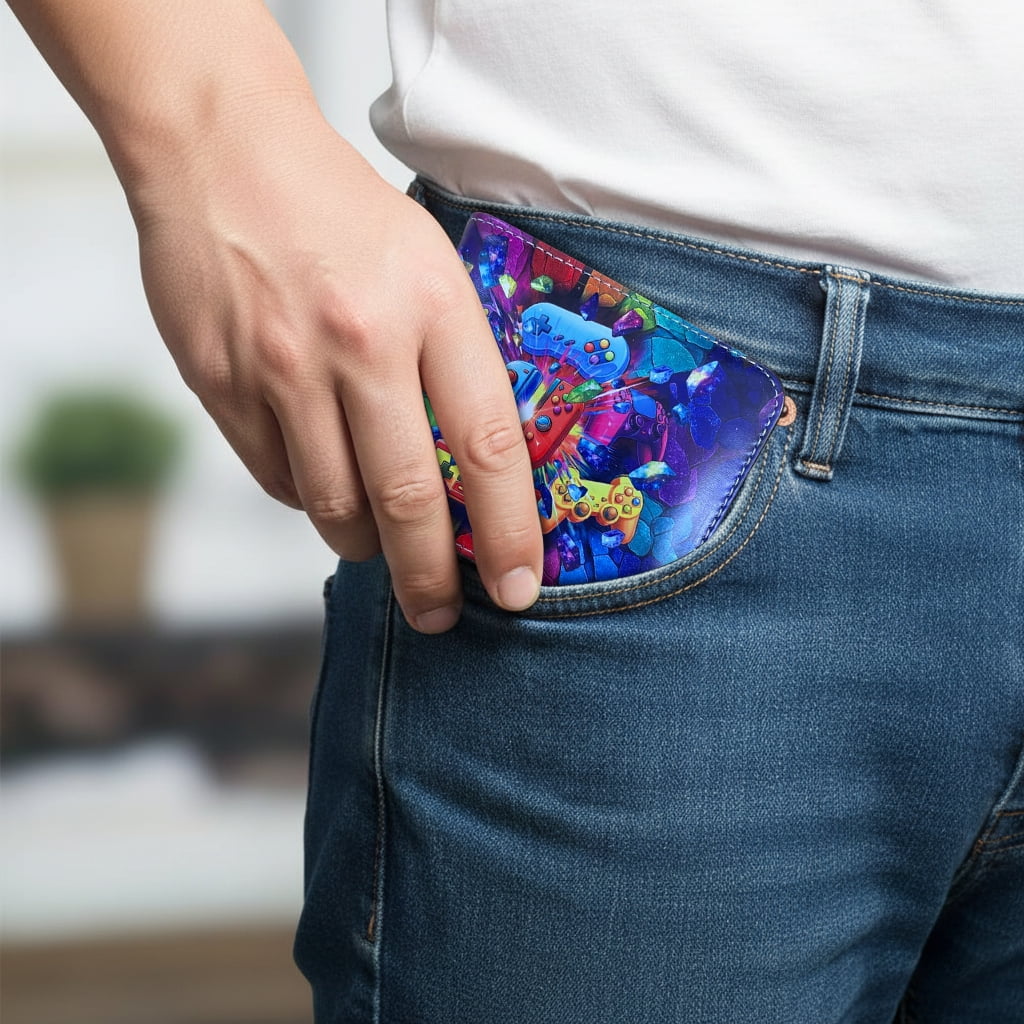 RFID Blocking Bifold Wallet for Men, Slim Leather Credit Card Holder with ID Window - Colorful Gaming Controller - Image 6