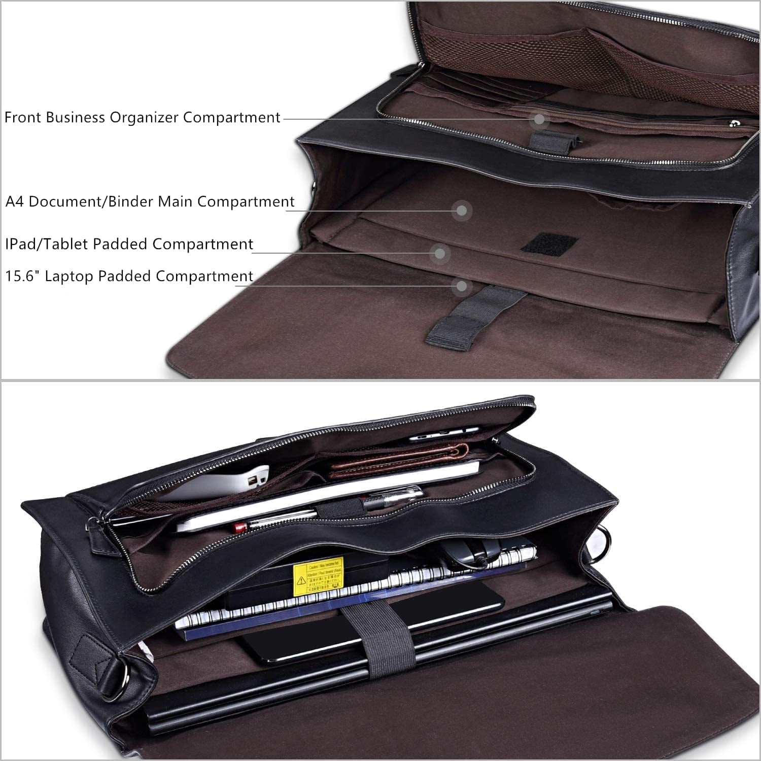 Durable Vegan Leather Laptop Briefcase for Men - Business Travel Bag with Padded Compartment for 15.6 Inch Laptop, Black - Image 3
