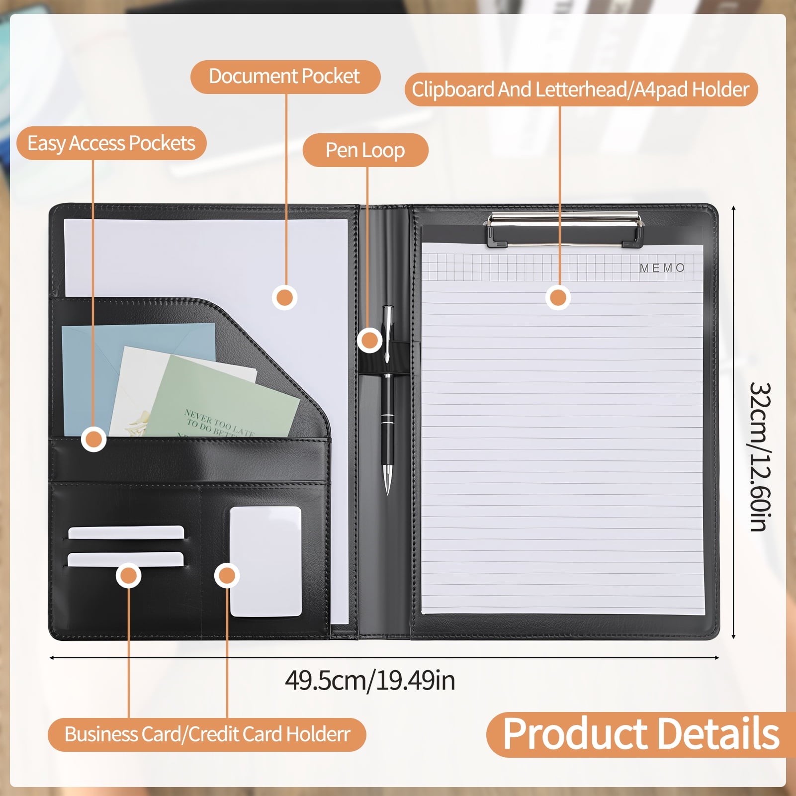 sixwipe Leather Portfolio Clipboard Folder, Business Resume Clipboard Binder Portfolio Folder with Writing Pad for A4 Document Organizer Off - Image 2