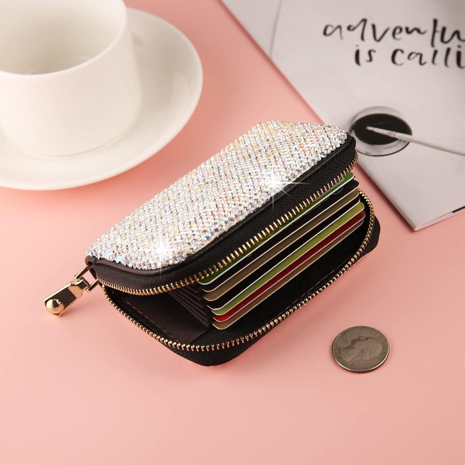Rhinestone Credit Card Holder for Women RFID Blocking Wallet Slim Leather Zipper Card Case Wallet (Silver) - Image 4
