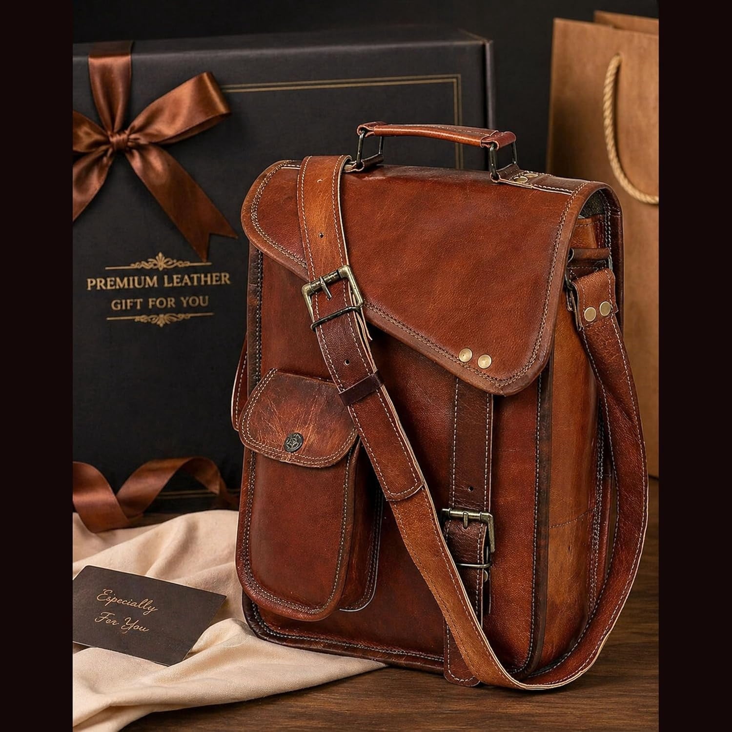 Leather Satchel Tablet Bag Laptop Case Office Briefcase Messenger Gift for Men Computer Distressed Shoulder Bag - Image 3