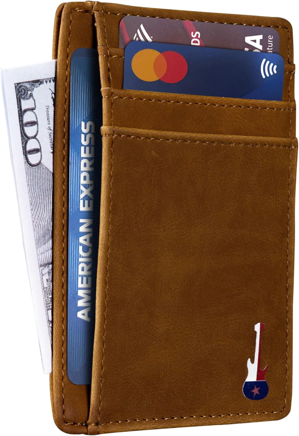 Texas Guitar on Cardholder, Slim Front Pocket Wallet, PU Leather, Khaki, Card Holder, RFID Blocking with Texas Souven... - Image 4