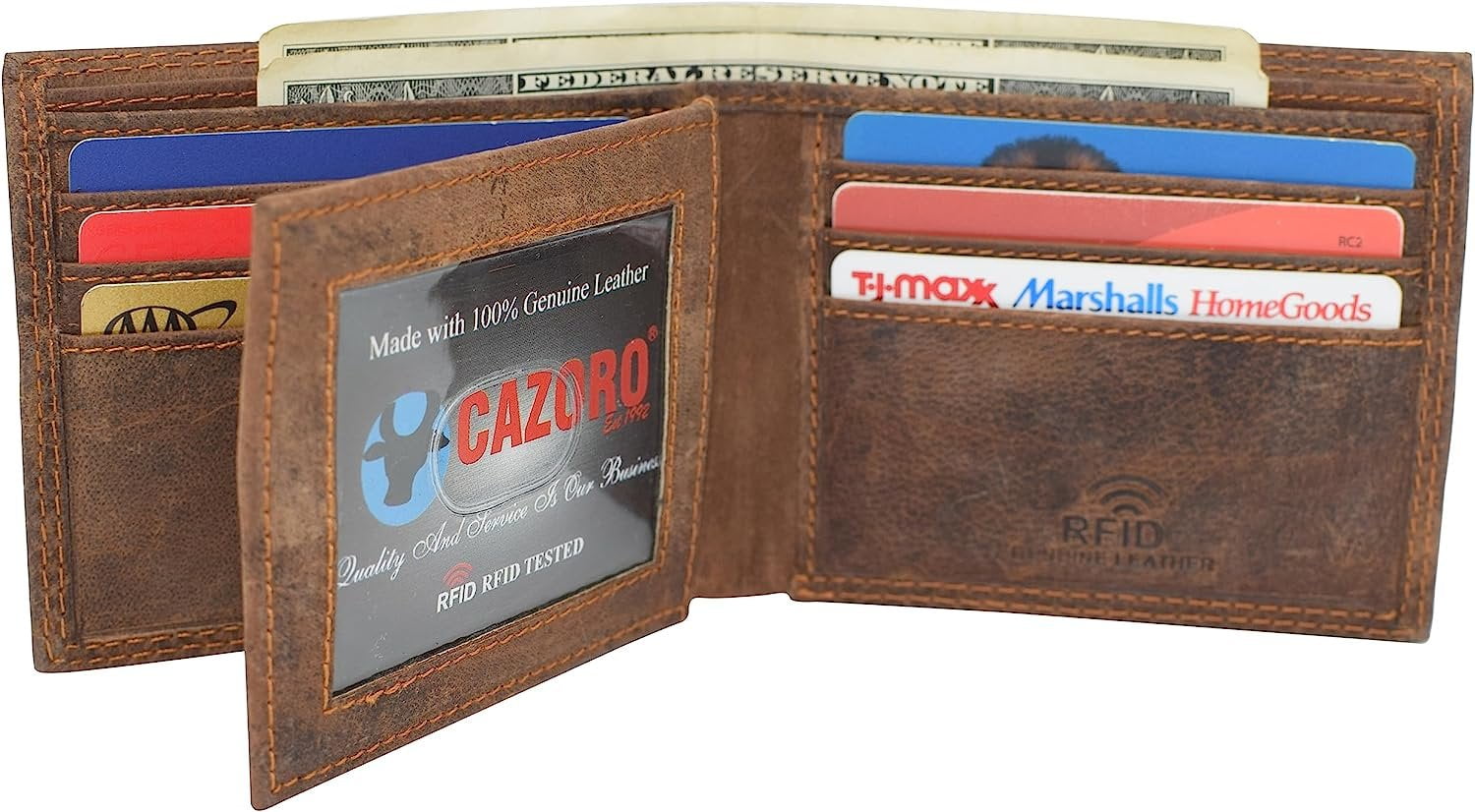 Men's RFID Blocking Vintage Leather Center Flap Bifold Credit Card ID Wallet for Men Brown - Image 3
