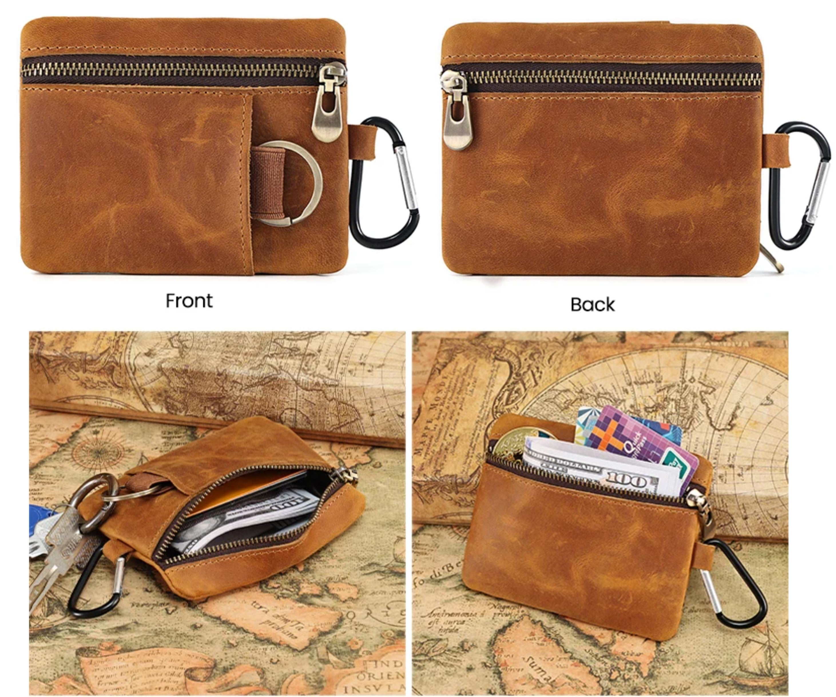 Genuine Leather Unisex Coin Purse Card Holder with Key Ring & Clip. Slim Minimalist Wallet. Top Grain Cow Real Leather. - Image 2