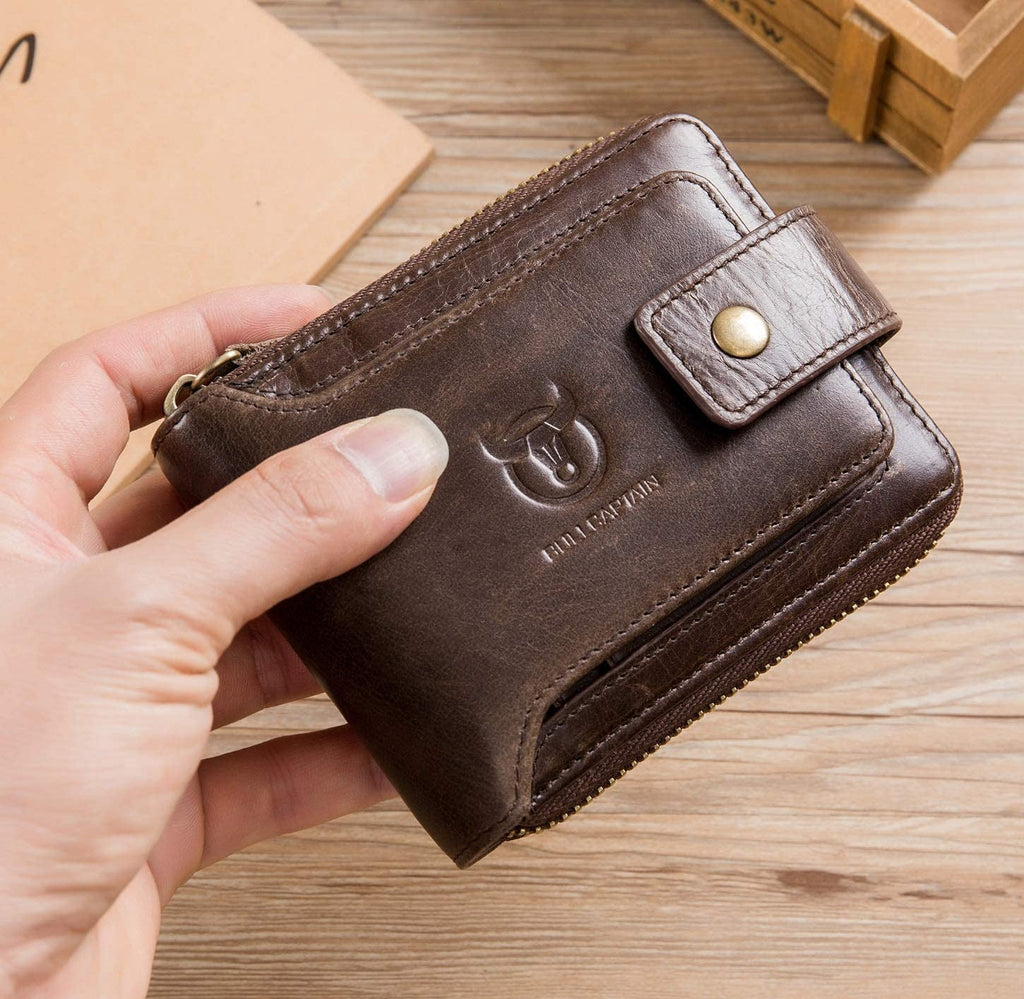 BULLCAPTAIN Men Zipper Around Wallet Genuine Leather RFID Blocking Bifold Large Capacity Coin Purse with ID Window (Black) - Image 6