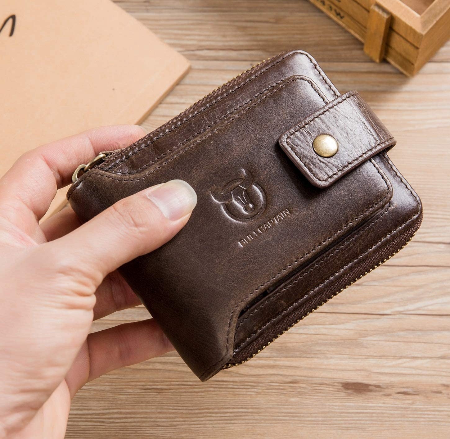 BULLCAPTAIN Men Zipper Around Wallet Genuine Leather RFID Blocking Bifold Large Capacity Coin Purse with ID Window (Black) - Image 6