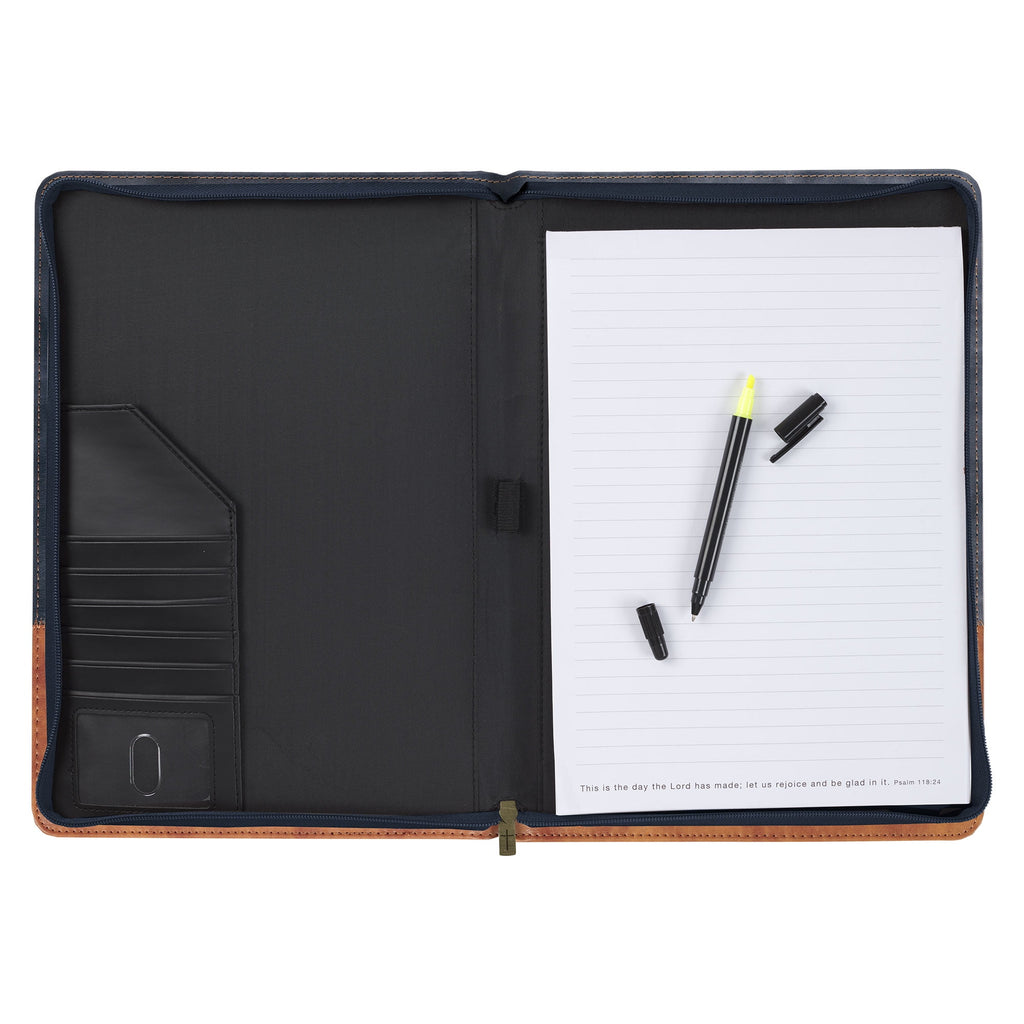 Premium Vegan Leather Zippered Portfolio Padfolio for Men & Women: Strong & Courageous Encouraging Scripture w/ Pen/H... - Image 3