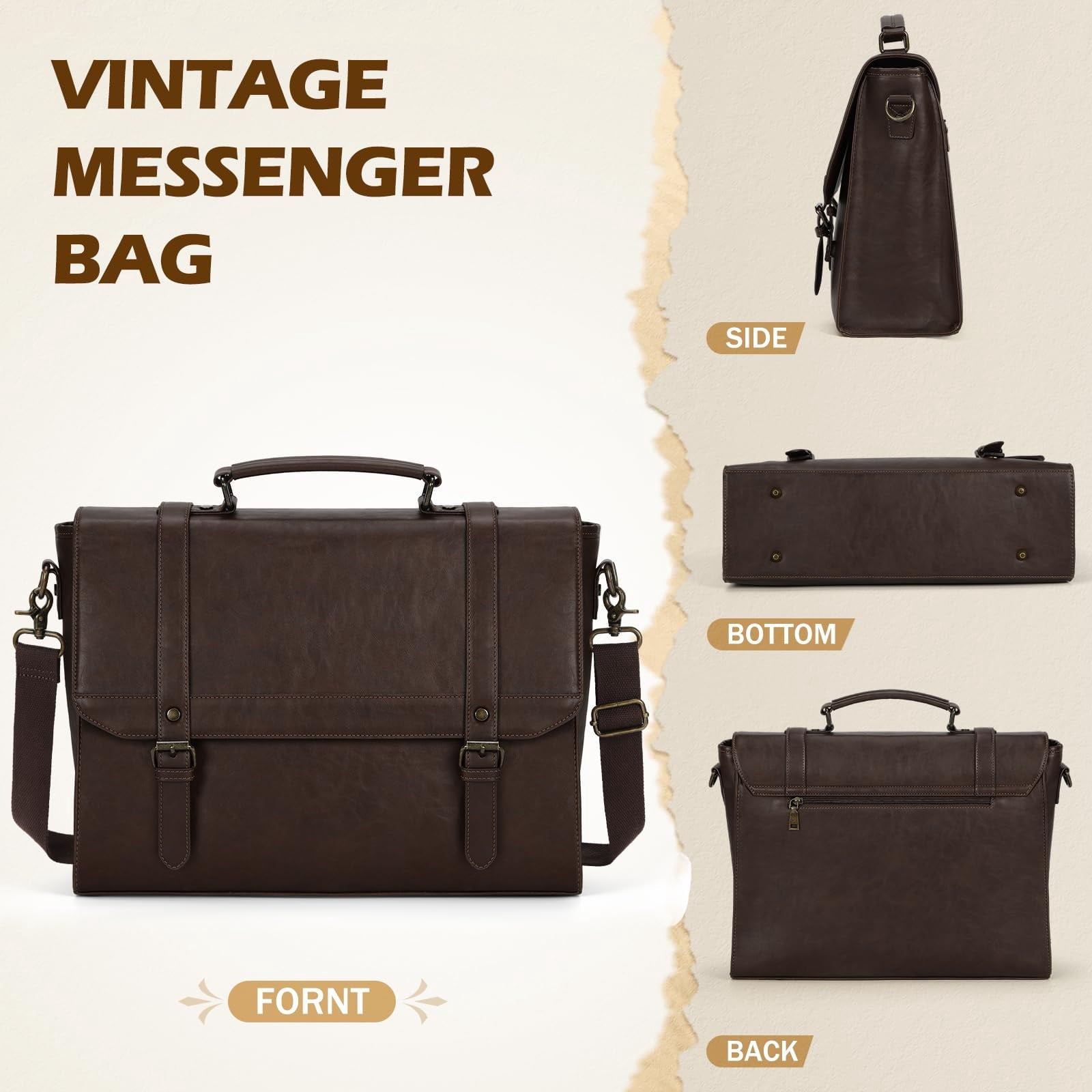 for Men 15.6 inch Vintage Leather Waterproof Laptop Briefcase Computer Laptop Large Satchel Retro Shoulder for Office... - Image 2