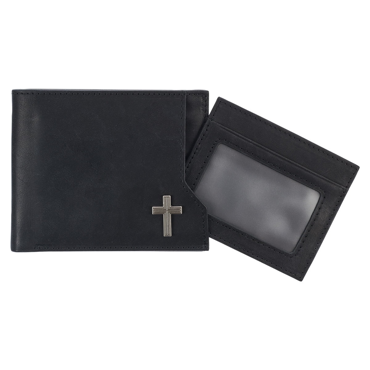 Genuine Premium Full Grain Leather RFID Blocking Silver Engraved Cross Wallet for Men: Multi Pocket Billfold w/Removable ID Window Accessory - Image 4