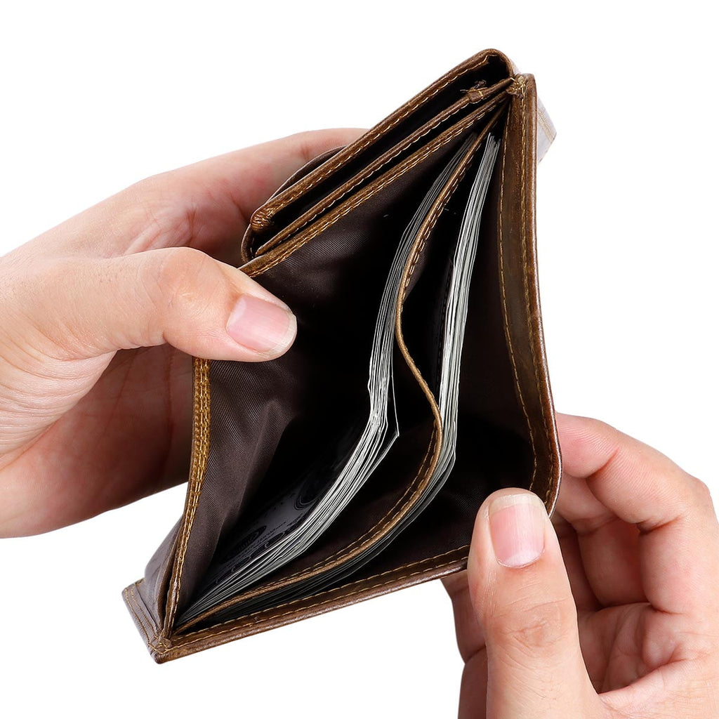 Trifold Billfold RFID Blocking Cowhide Leather Wallet for Men 10 Card Slots 2 ID Windows with Coin Pocket, Coffee - Image 3