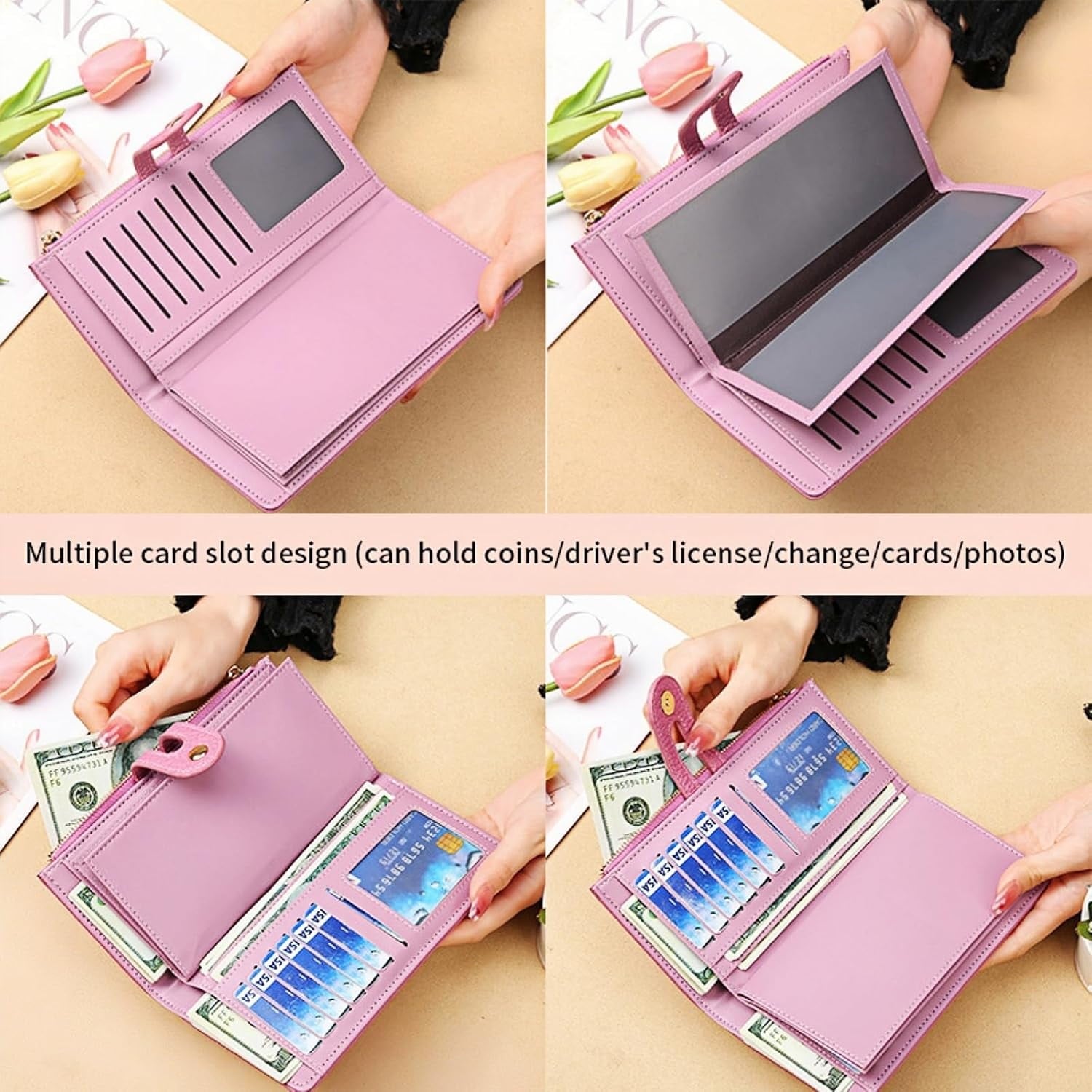 Wallets for Women Slim Leather Credit Card Holder RFID Blocking Bifold Thin Wallet with 4 Clear Windows Zipper Pocket - Image 3