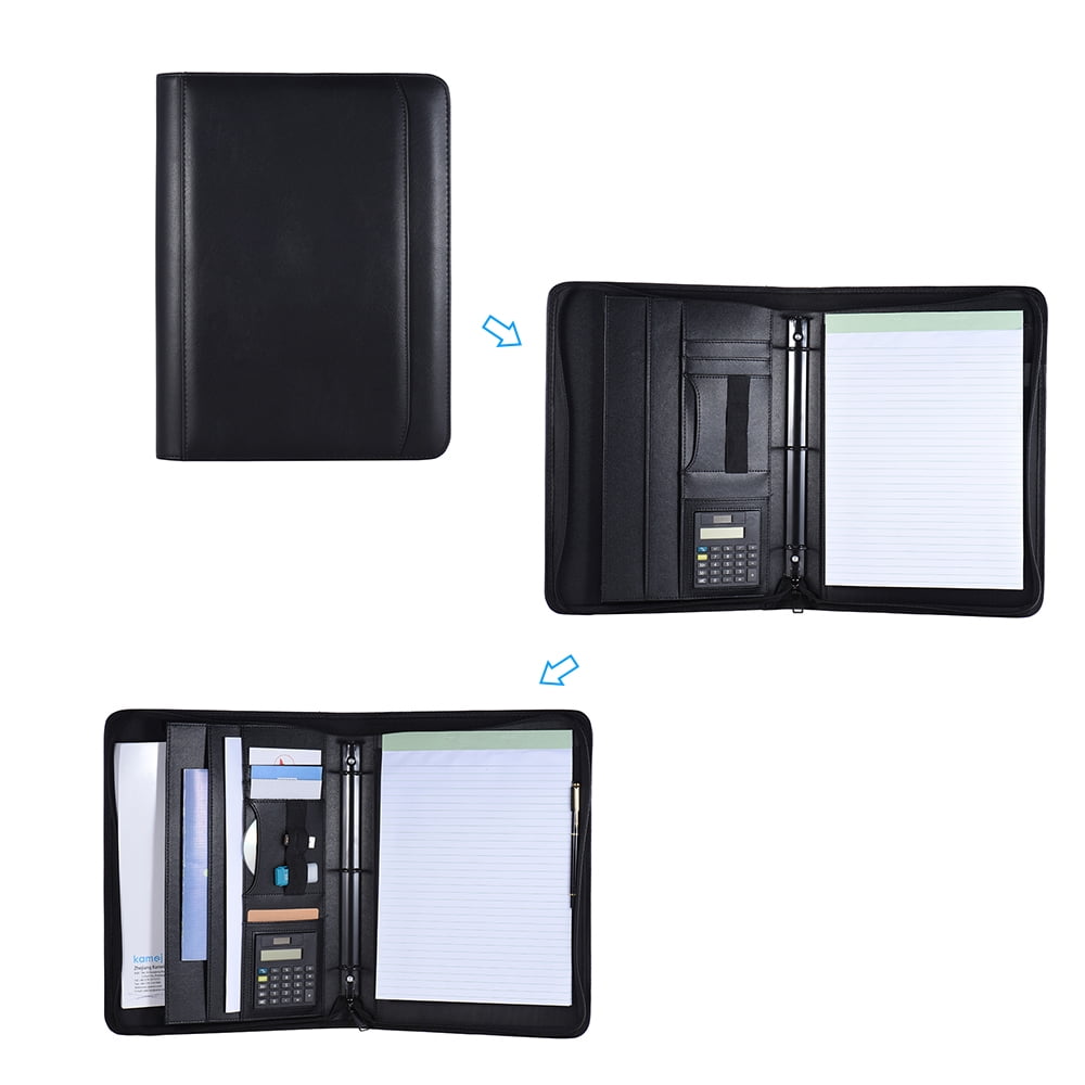 A4 PU Leather Zippered Padfolio with Calculator and Card Holder - Image 6