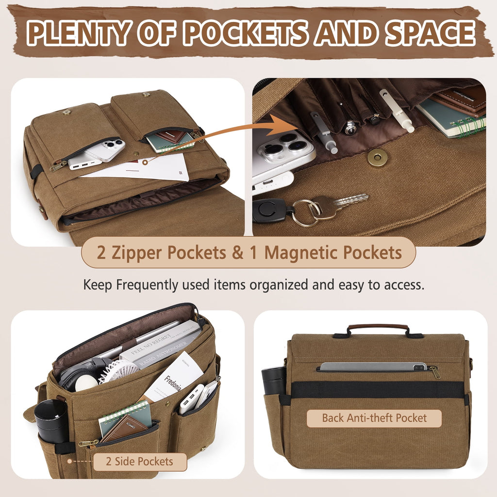 for Men 15.6inch Laptop Water-resistant Canvas Computer Satchel Briefcase for Work College,Brown - Image 6