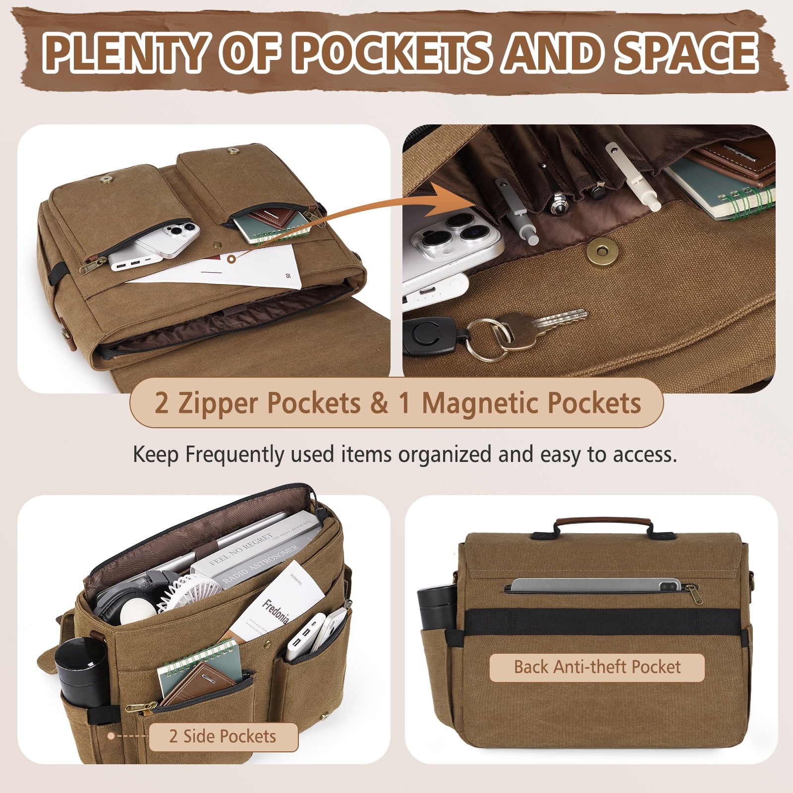 for Men 15.6inch Laptop Water-resistant Canvas Computer Satchel Briefcase for Work College,Brown - Image 6
