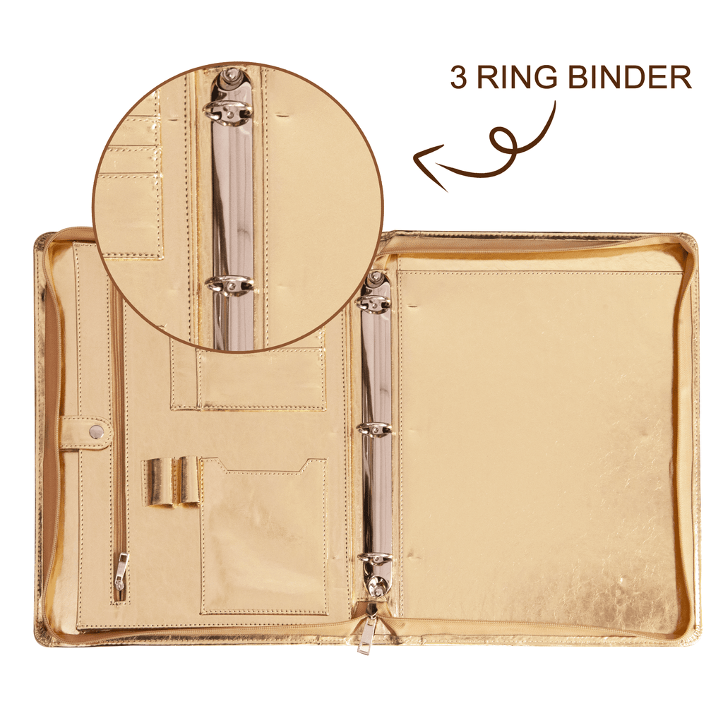 Spotlight Golden Portfolio 3 Ring Binder, Vegan Leather Portfolio Binder with Zipper, Business Padfolio Organizer Notepad Holder,Folder with - Image 5